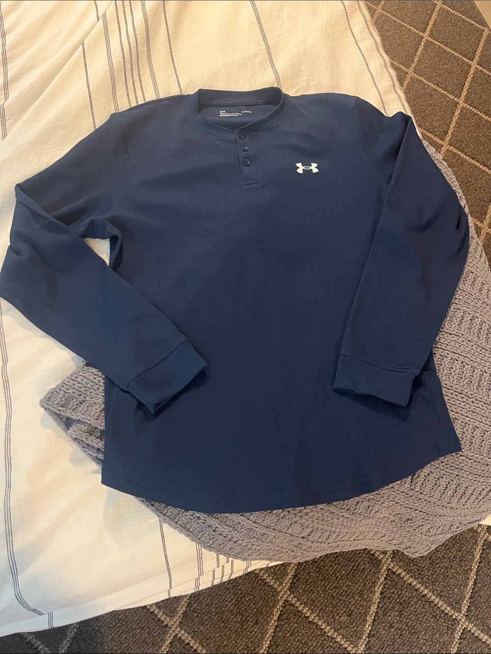 Men’s Under Armour Navy Long Sleeve “Waffle” Henley with White Logo